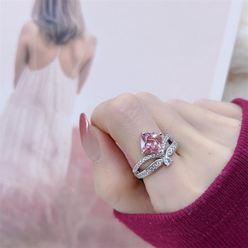 Exaggerated Pink Zircon Ring: European & American Style, Adjustable, Full Diamond Design for Women Open adjustable
