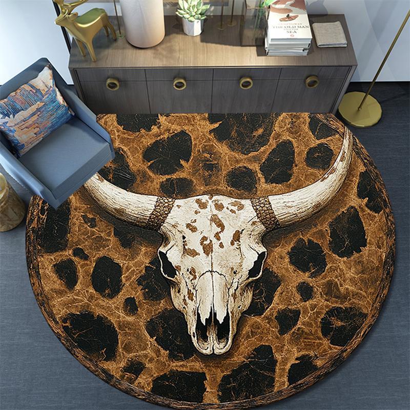 Leopard Print Bull Skull Round Area Rug,Carpet Rug for Living Room Bedroom Sofa Playroom Decor,Non-slip Floor Mat
