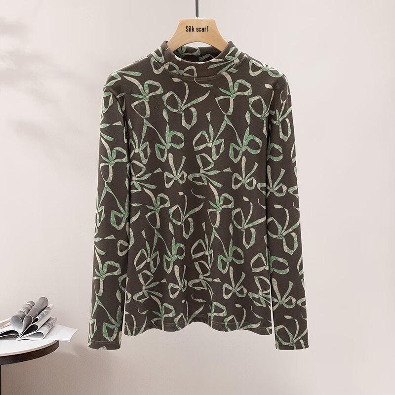 Women s Bow Accent Semi-High Collar Long Sleeve Top One Size