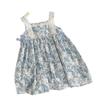 Girls' Blue & White Floral Sleeveless Bowknot Dress