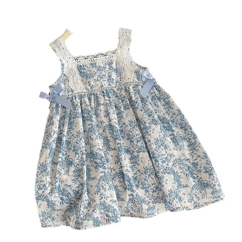 Girls' Blue & White Floral Sleeveless Bowknot Dress