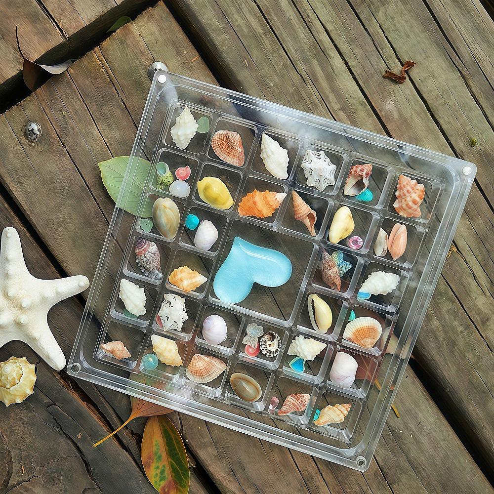 Acrylic Large Transparent Seashell and Stones Display Box with Magnetic Multi-Grid Storage