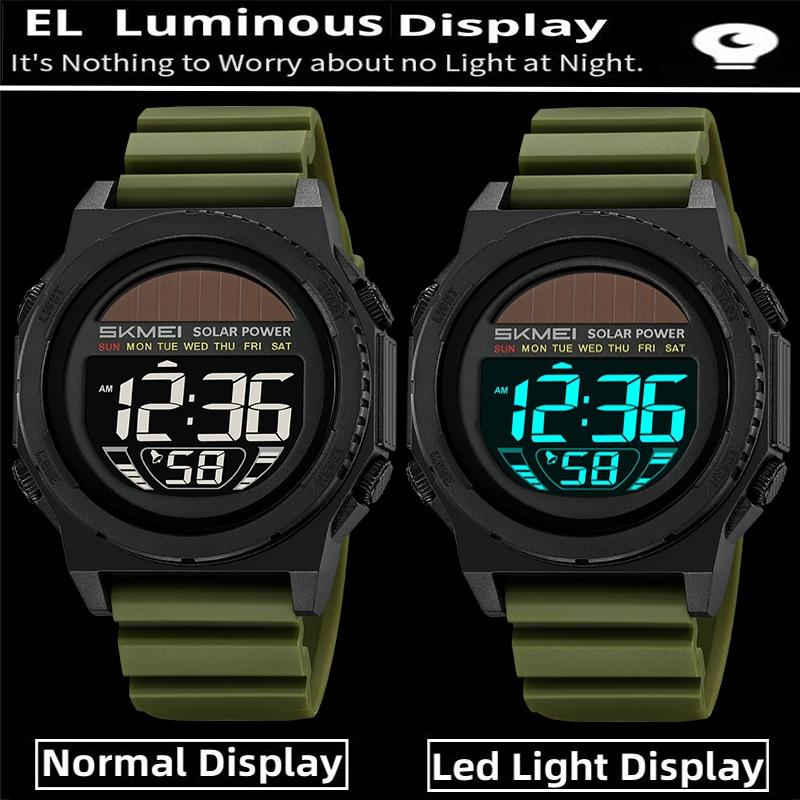 Skmei Solar Energy Digital Watches forMens LED Waterproof Swimming Chronograph TPU Strap Date Week Military Sports Wristwatch