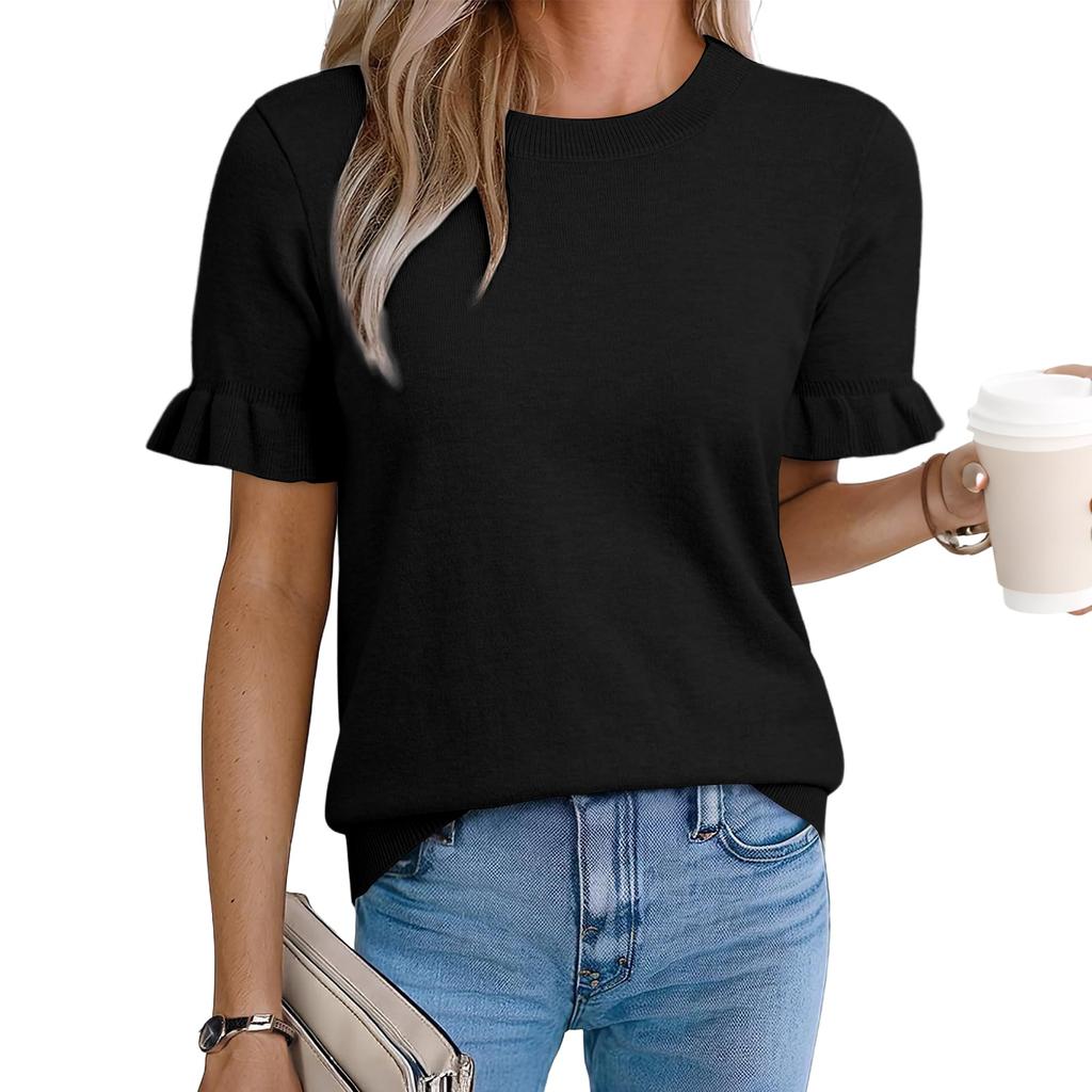 Women's Casual Knit Top Short Sleeve Puff Sleeve Sweater Pullover Lightweight Crew Neck Soft Fabric Comfortable Fit