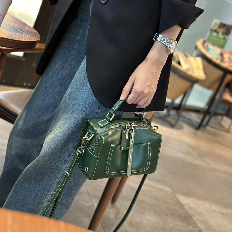 Crossbody-veske i ekte skinn, retro designer luksus skulderveske, feminin reise Boston pute vesker