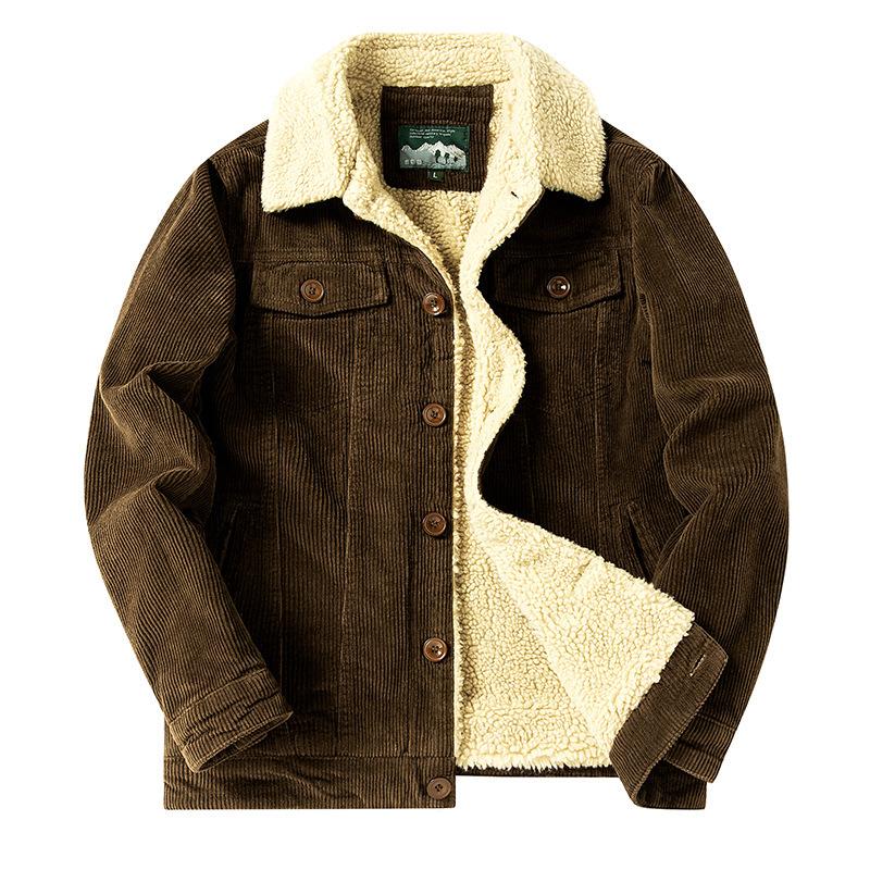 

Мужская осенне-зимняя флисовая утолщенная полосатая хлопковая куртка вельветовая хлопковая куртка мужская XL кофейный
