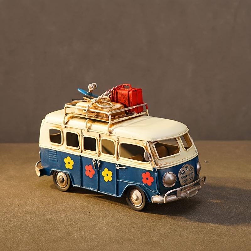 Vintage Iron Art Bus Model with Floral Design,American,European Style, Rustic Decorative Statue for Home, Living Room, or Office Display, Bus Decor