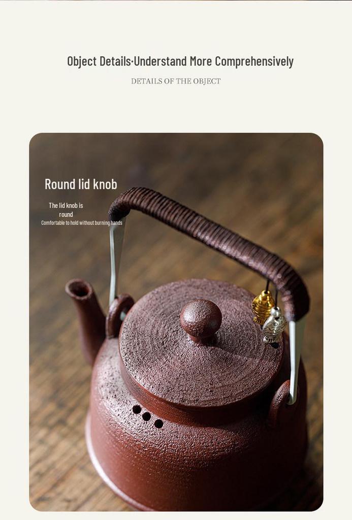 Guanlan Retro Coarse Pottery Tea Kettle Set with Alcohol Warmer for Outdoor Brewing