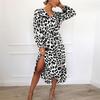 Women Leopard Print V Neck High Waist Irregular Long Sleeve Casual Dress