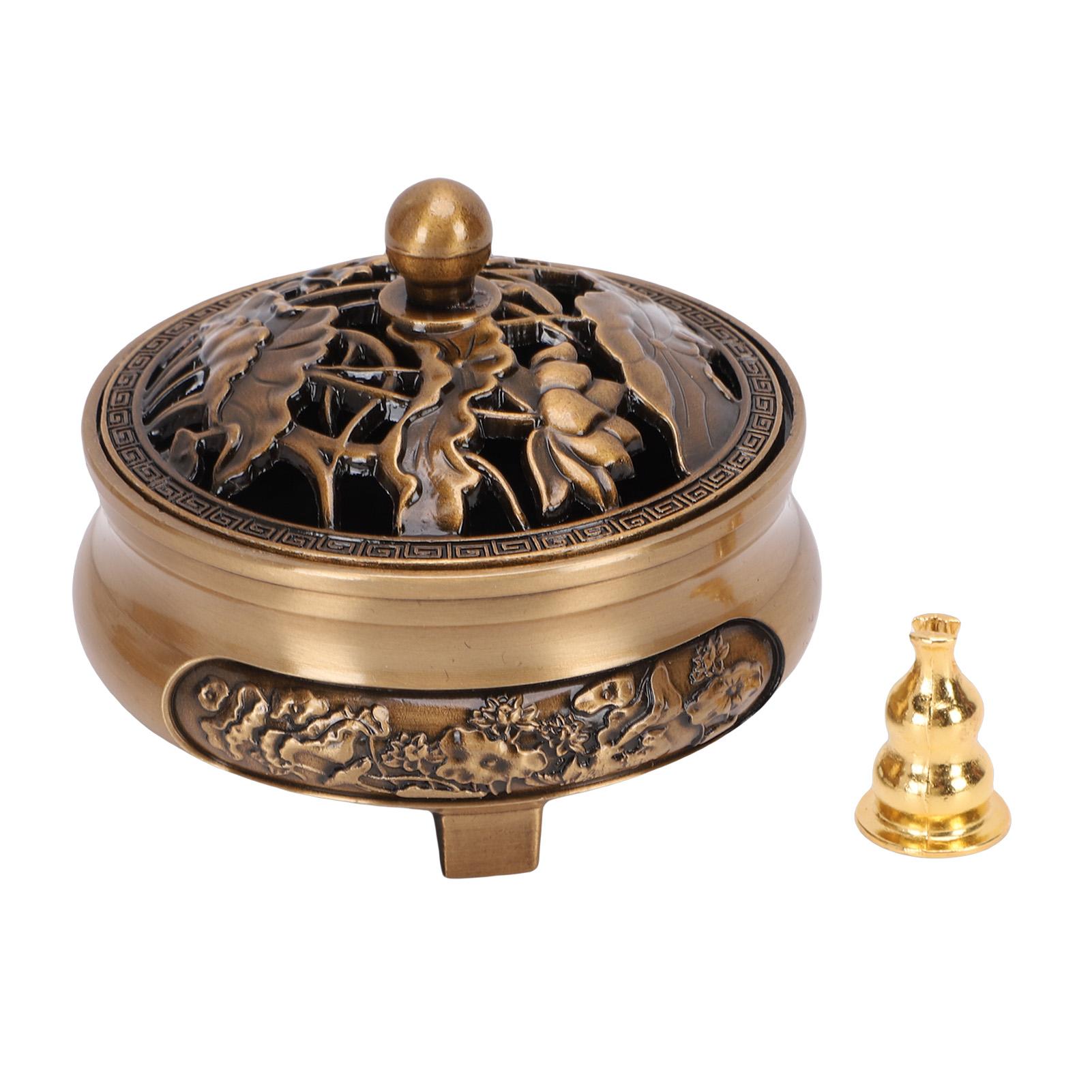 Retro Incense Holder Brass Alloy Exquisite Vintage Cone Coil Stick Incense Holder with Lid for Home Indoor Decoration