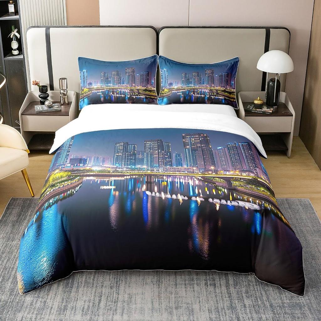 Modern City Duvet Cover Sets For Kids Boys Girls Queen Lightweight Quilt Covers Bedroom Decor Building Bedding Sets No Comforter