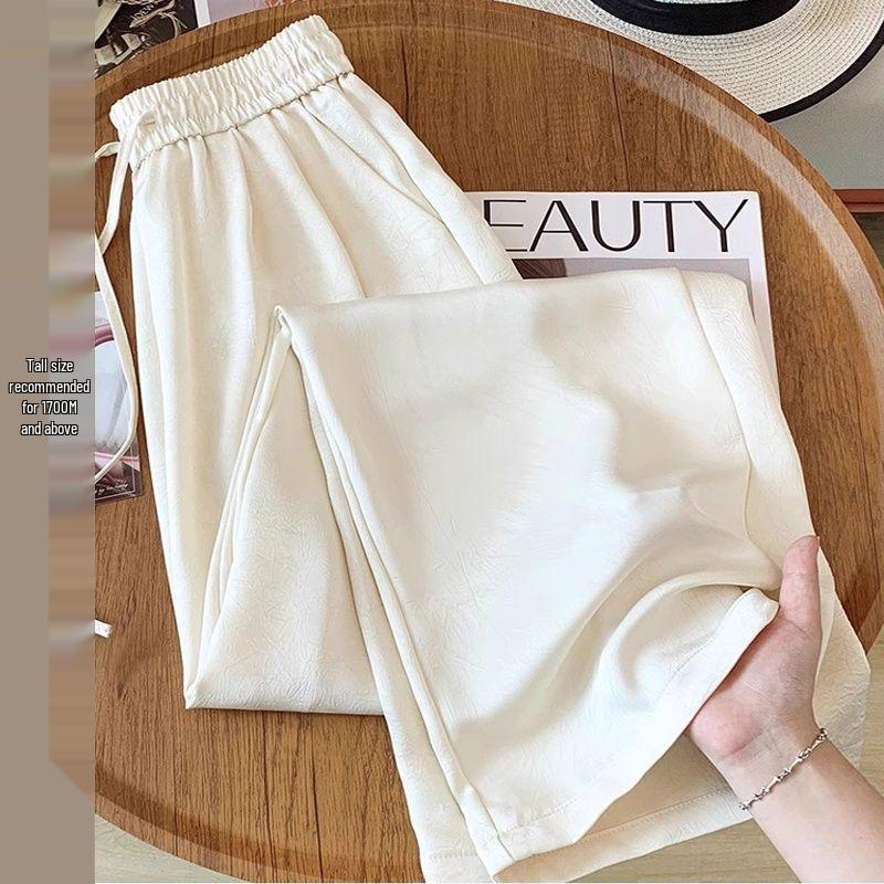Women's Small Silky Wide-Leg Pants, Summer Eight-Point Length, Thin & Draped Texture