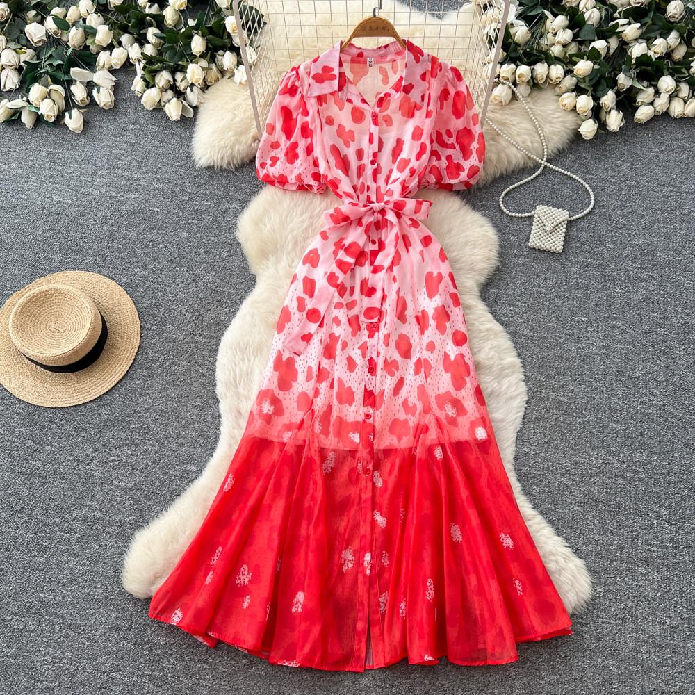 Robe Mi-Longue Imprimé Léopard Style Designer pour Femme Décontractée Coupe Ample avec Manches Bouffantes Liens à Nouer Robe Longue en Mousseline