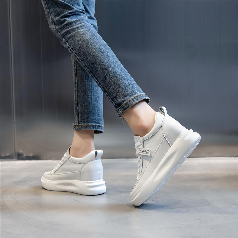 Leather women's shoes spring 2025 new thick sole inner height increase 7CM casual little white shoes women's sports velvet single shoes women