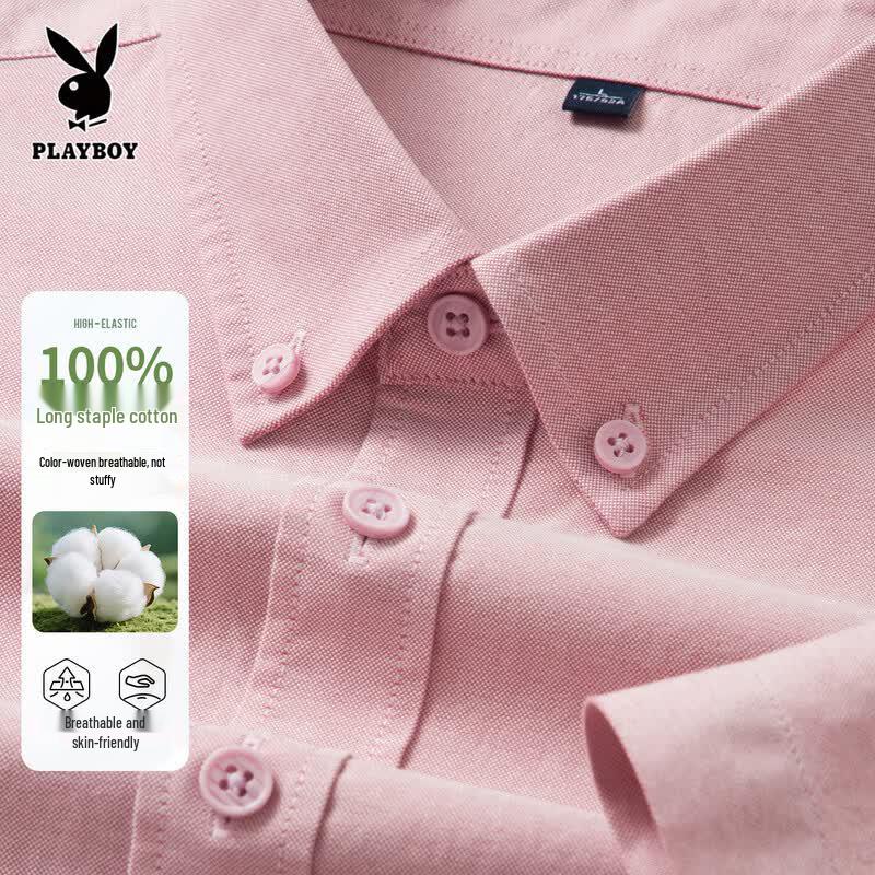 PLAYBOY Men s Summer Pure Cotton Short-Sleeved Oxford Shirt M