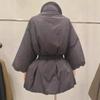 Winter new French retro stand-up neck lantern sleeve waist medium and long thermal down jacket with belt