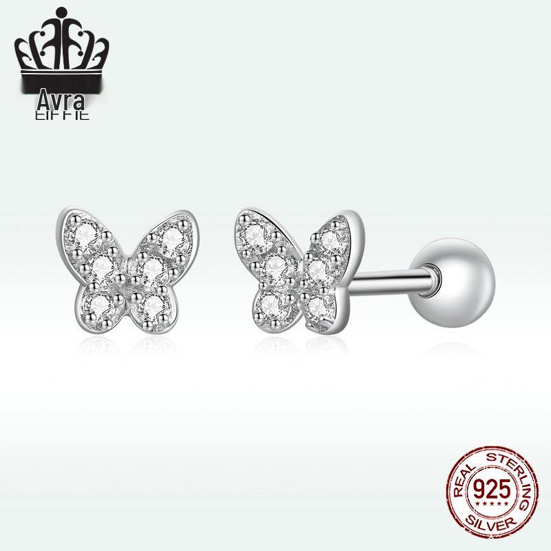 Sterling Silver S925 Simple Butterfly Earrings with White Gold Plated Zircon