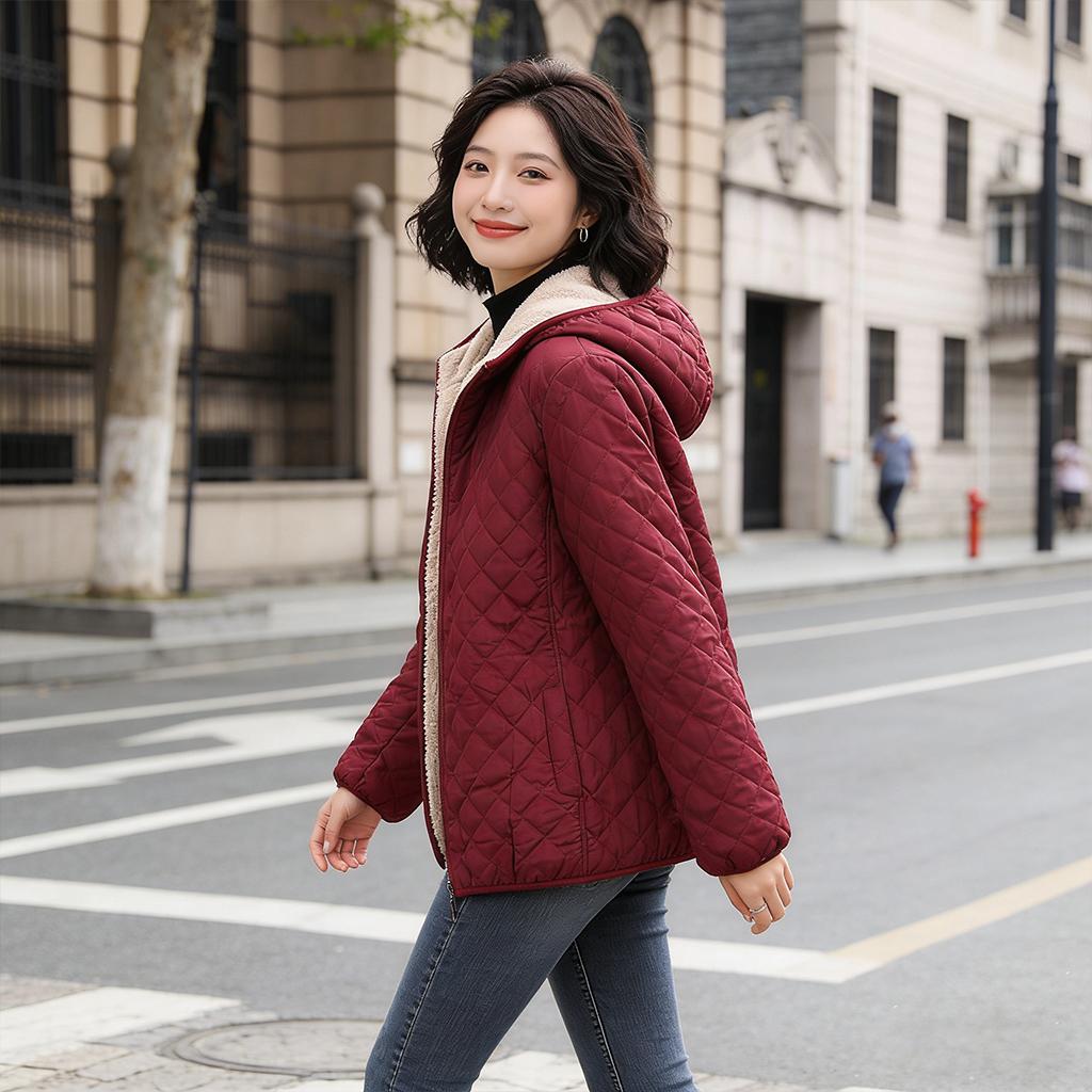 Fashion Solid Color Top Slim Coat Lamb Wool Hooded Close Thick Warm Cotton-padded Jacket Women's Plus-size Casual