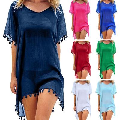 Sommer Chiffon Quasten Strandkleid Damen Bademode Bikini Cover Up Weiblich Mini Locker Uni Pareo Oberteile Badeanzug