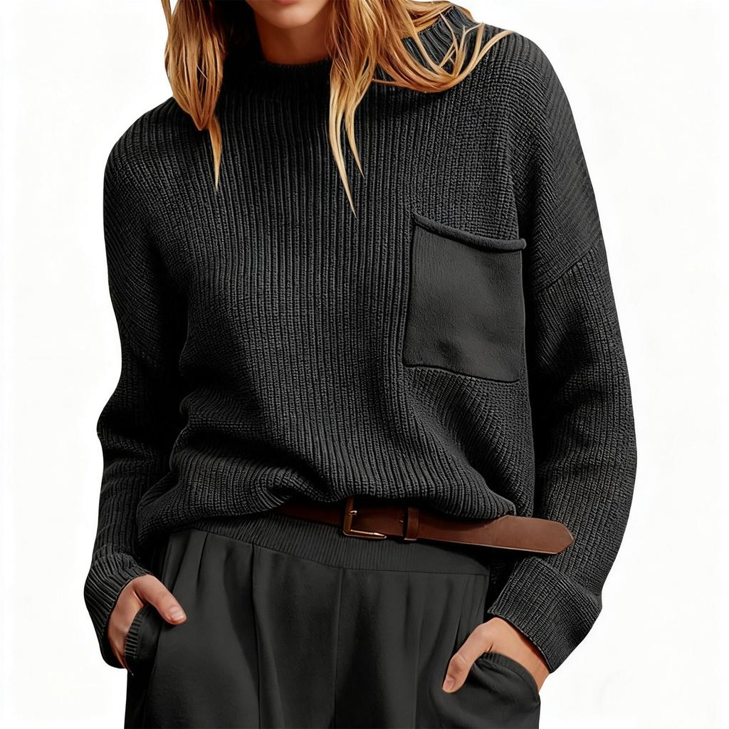 Women's Loose Crewneck Pocket Solid Color Long-sleeve Knitted Sweater Top