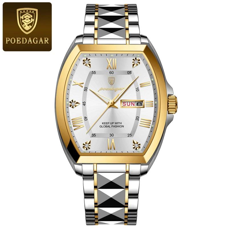 POEDAGAR Stainless Steel Watch Men Luxury Brand Business Luminous Waterproof Male Clock Tonneau Case Calendar Men Quartz Wristwatches