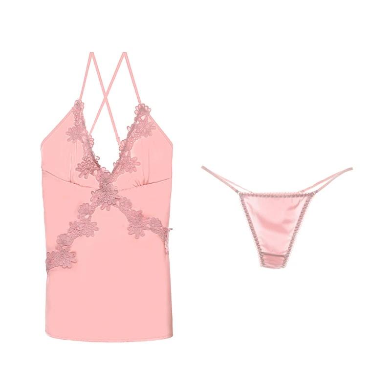 

Атласная одежда для сна, женская сексуальная ночная рубашка с вышивкой на спине, пижама с v-образным вырезом и стрингами, ночная рубашка на бретельках, ночная домашняя одежда L розовый