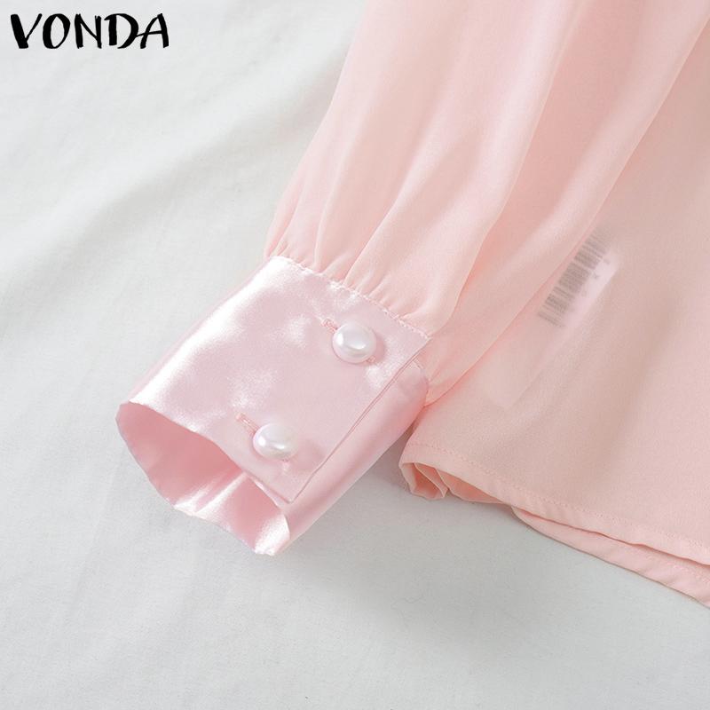 VONDA Women Elegant Solid Color Knot Long Sleeve Blouses