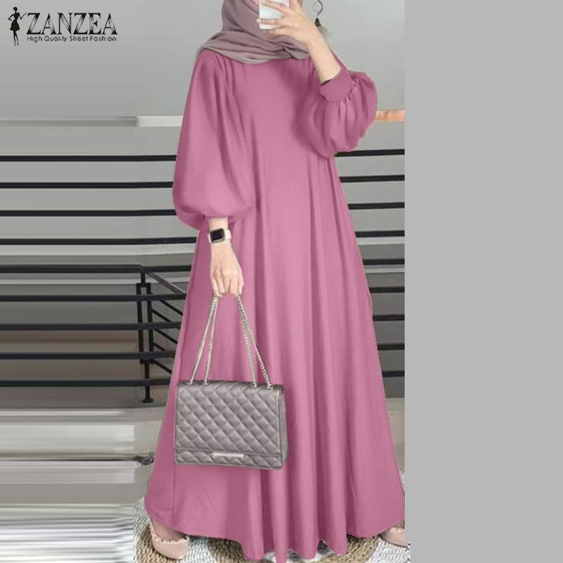 ZANZEA Dame Casual O-hals Ensfarget Langermet Retro Lang Kjole