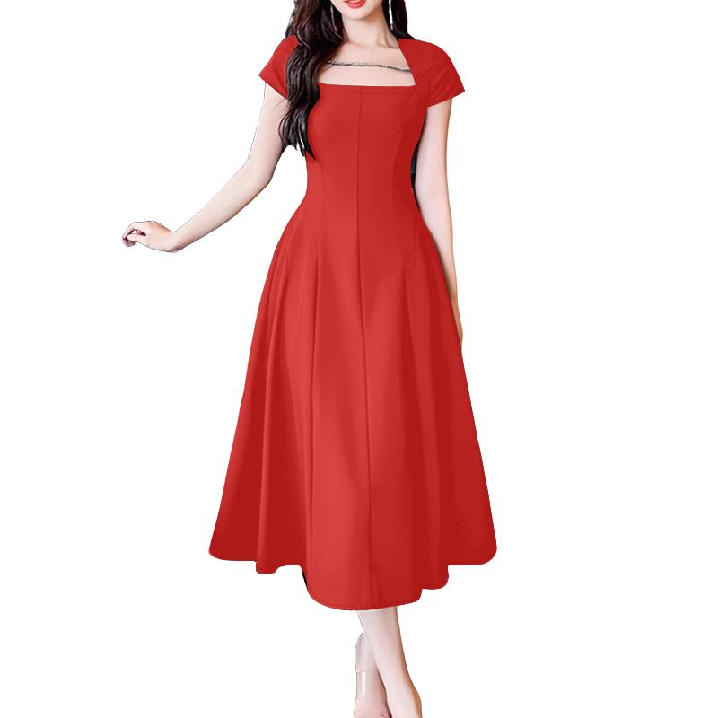 

ZANZEA Женское повседневное платье с квадратным вырезом, летнее, с коротким рукавом, с завышенной талией 5XL красный