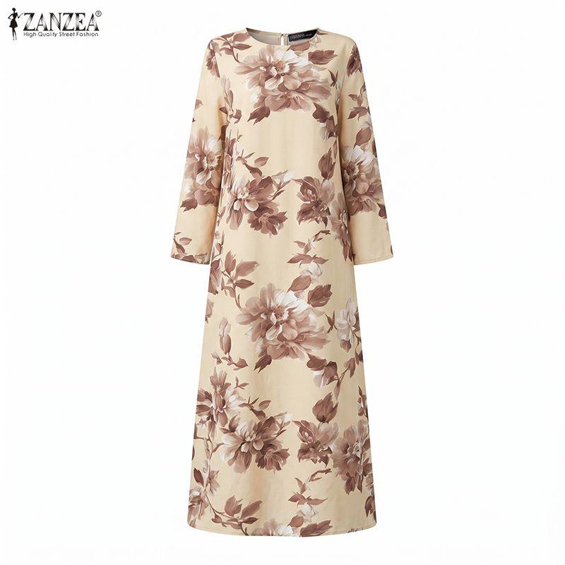 ZANZEA Women Casual Round Neck Floral Print Loose Long Sleeve Dress
