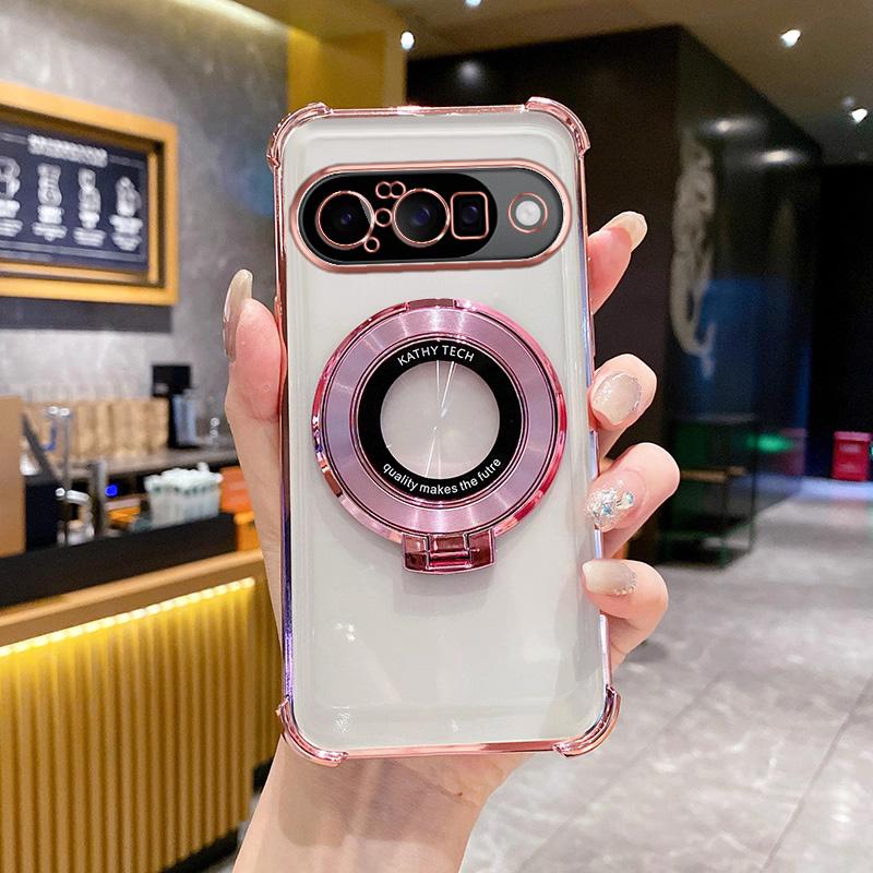 

Glitter Plating Frame Clear Case For Google Pixel 9A 8A 7A 8 7 10 9 Pro XL Magnetic Bracket Anti-Drop Air Bag Shockproof Cover Google Pixel 7a розовый