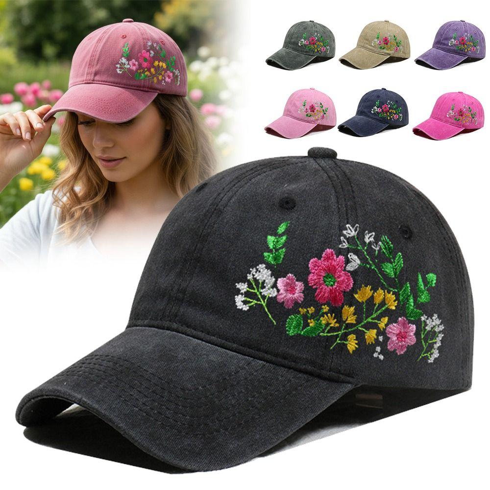 Vintage Flower Embroidery Baseball Cap Washed Cotton Adjustable Floral Cap Baseball Hats For Man Women