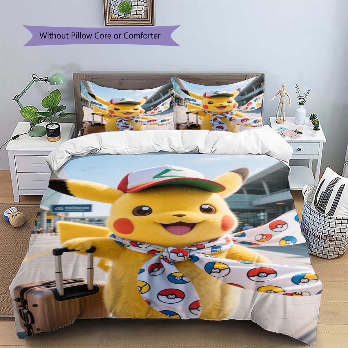 

Pikachu Patterned Pillowcase & Duvet Cover Set Anime Fashion Pattern Bedding for Bedroom Cool Gift for Anime Lovers 135x200cm