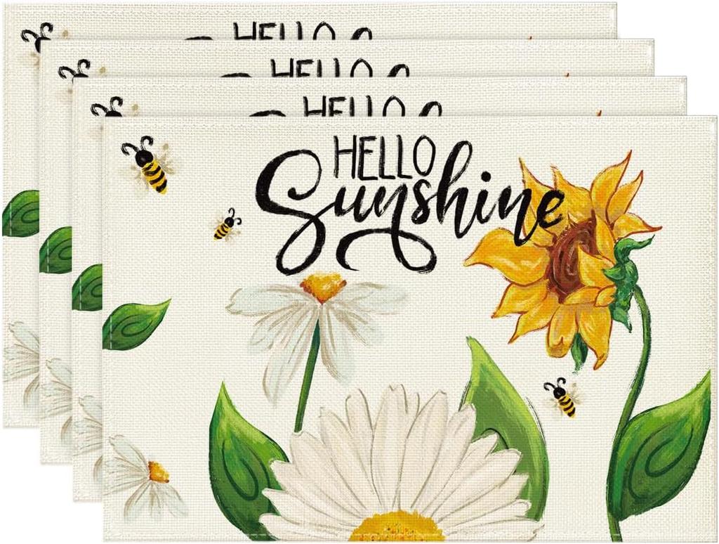 Wood Sunflower Bees Summer Placemats Linen Seasonal Spring Holiday Table Mats for Party Kitchen Dining Decoration