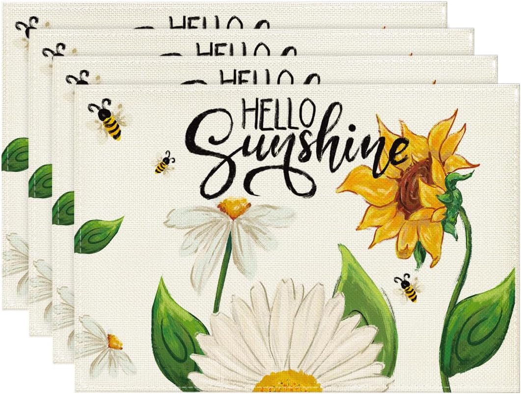 

Wood Sunflower Bees Summer Placemats Linen Seasonal Spring Holiday Table Mats for Party Kitchen Dining Decoration 1pcs