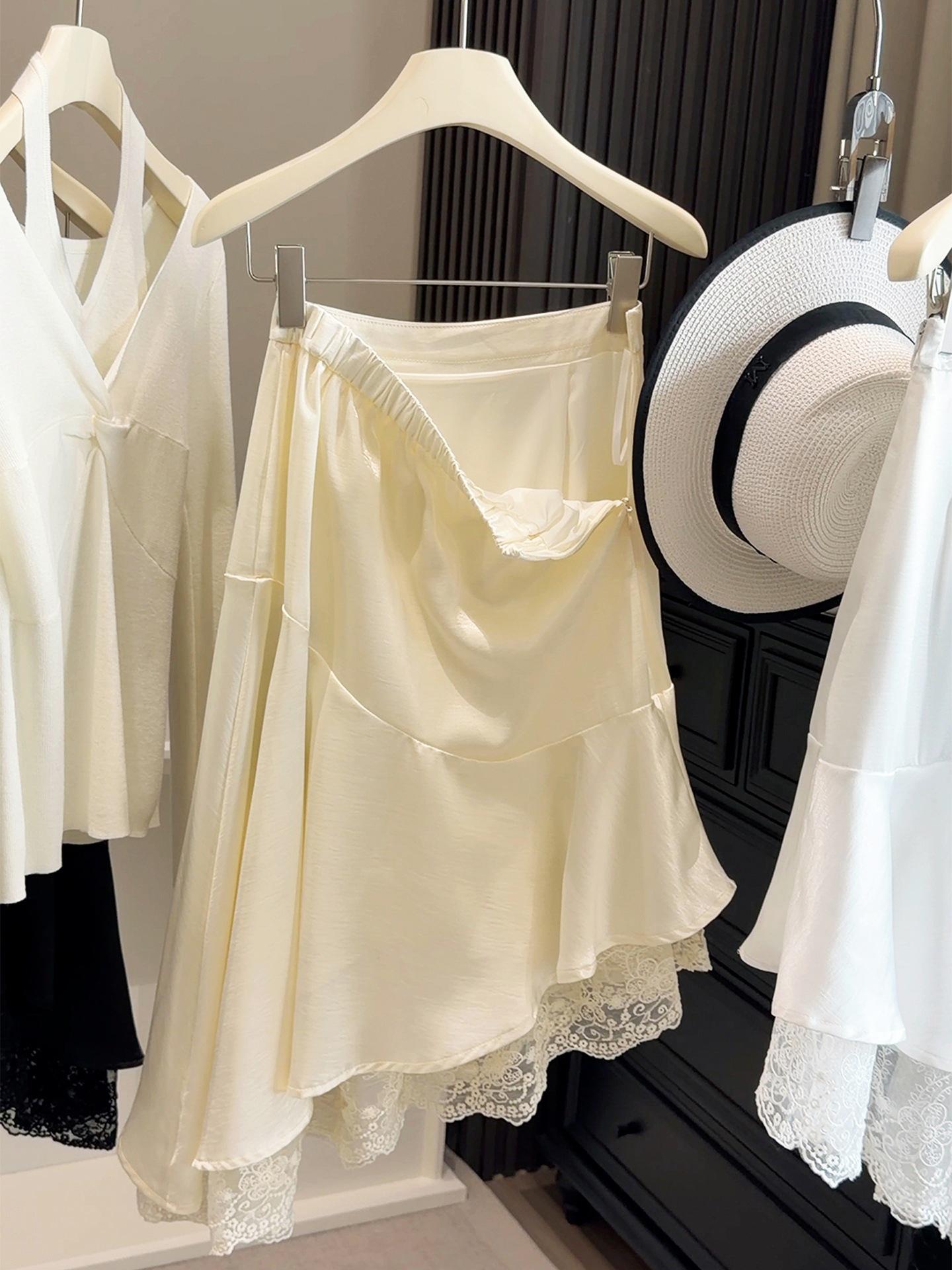 Elegant Lace Patchwork Ruffle Midi Skirt - Women s Spring/Summer Satin Irregular Hem 2026 Extra Large абрикосовый