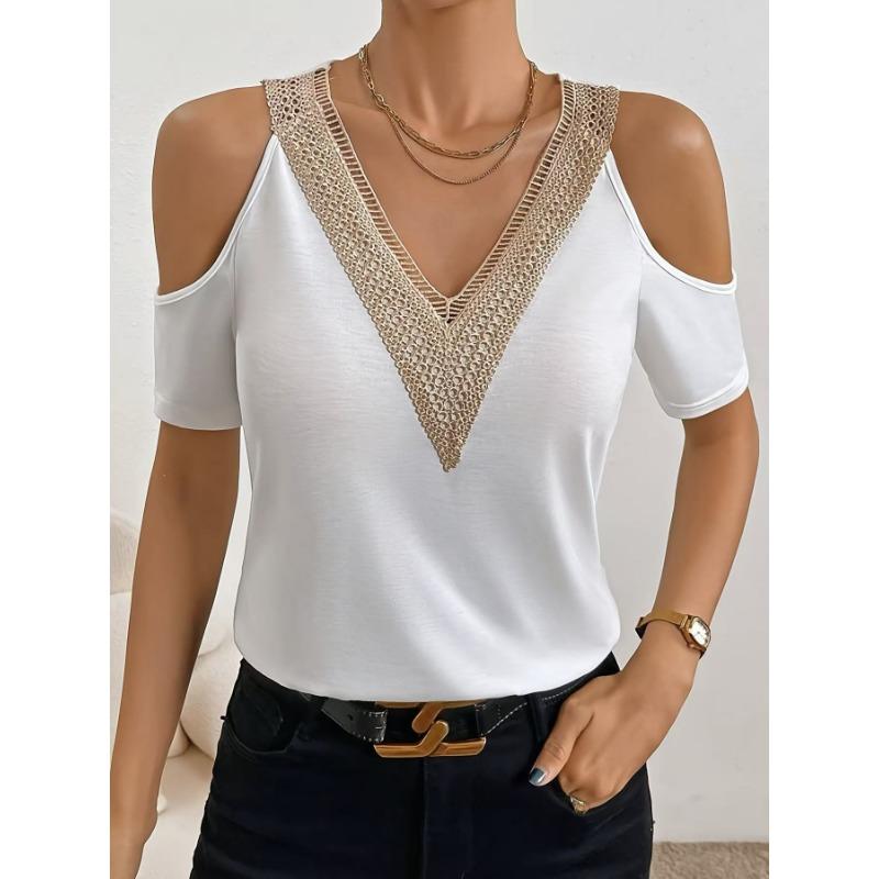 Women's Cold Shoulder Top Short Sleeve Contrast Lace V-Neck Casual Tee