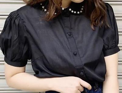 [USED] Blouse, Short Sleeves, Top, Black, Mass-produced Shirt, Dreamy, Pearl Collar, Dream View Style, Landmine