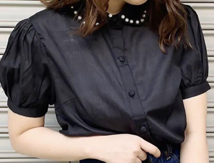 

[Б/У] Блузка, короткий рукав, топ, черный, фабричная рубашка, мечтательный, жемчужный воротник, стиль dream view, мина