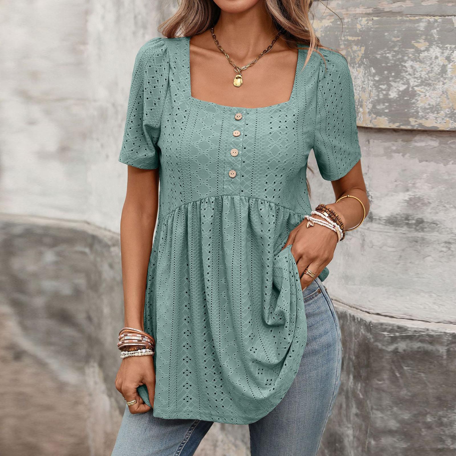 Women s Square Collar Single-breasted Casual Short-sleeved Skirt Top S