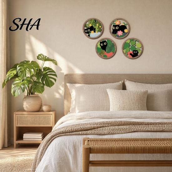 Black Cat Wall Art 4PCS Sign, with Warm Grain Texture Wood Art, Scratch-Resistant Sun-resistant Hanging Home Decor, Nordic Retro Style for Nursery