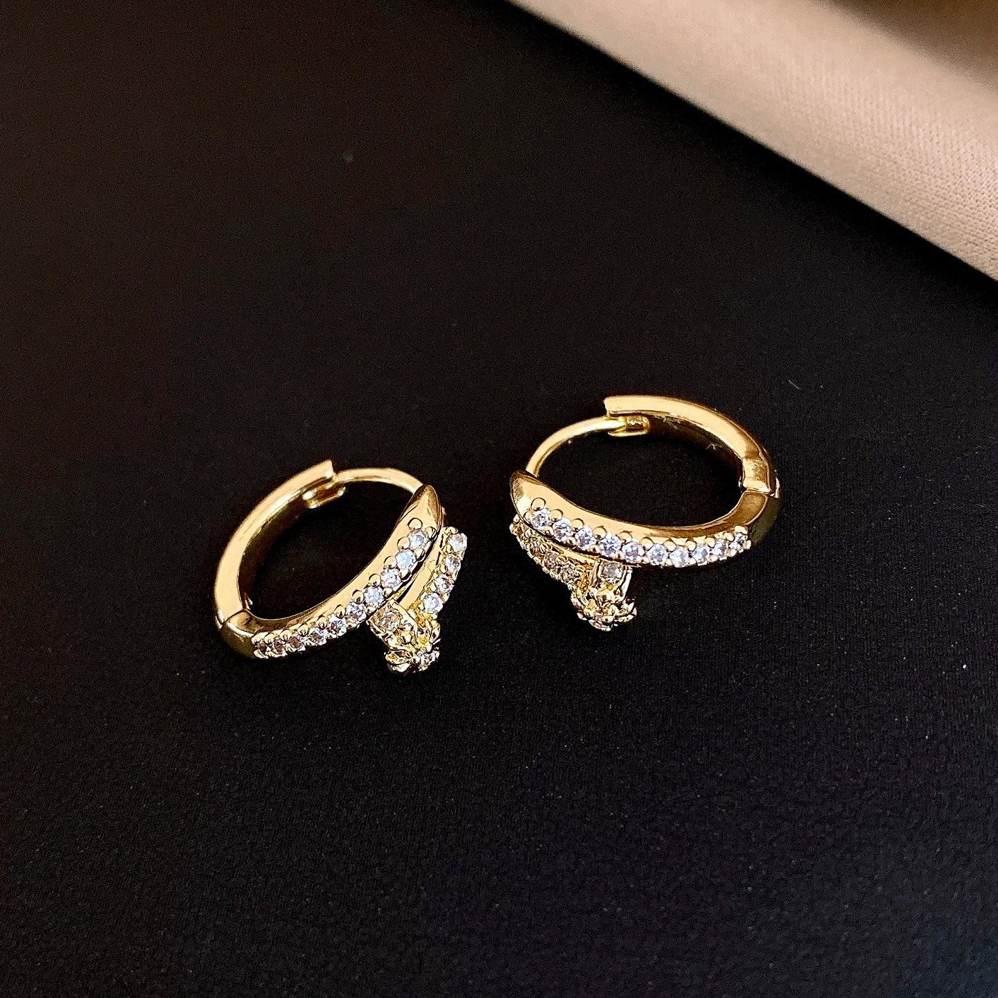 18k real gold electroplated zircon nail ear buckle Korean exquisite earrings earrings for women