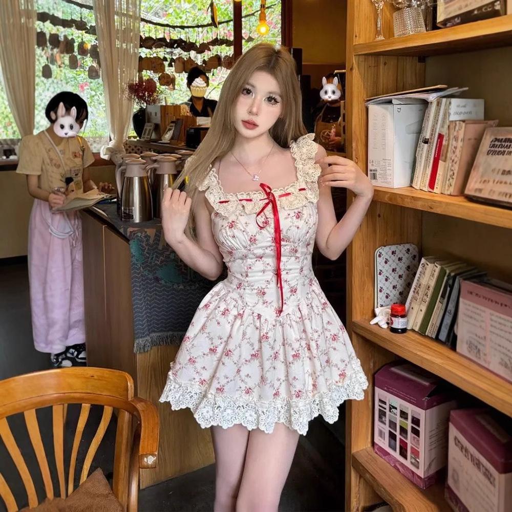 Lace-up lace floral suspender dress women s summer coffee break French vacation skirt waist a-word short skirt S
