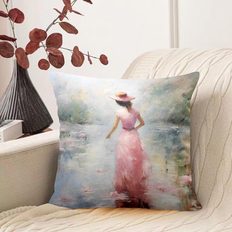 Oil Painting Water Lily Pattern Decorative Pillowcase Living Room Bedroom Square Cushion Pillowcase