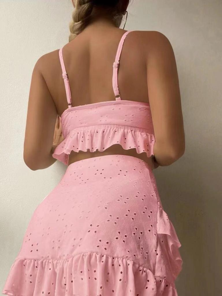 European and American Women's Fashion Solid Bikini Set 3 Pieces Swimwear Set Padded Ruffled Knot Top Briefs Ruffled Skirt Swimsuit Modest Bathing Suit