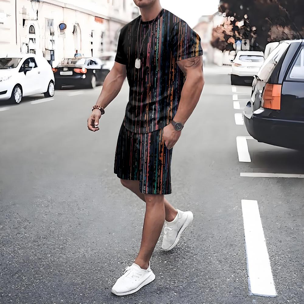 Plus Size Men's T-shirt Shorts 2-piece Set Men's Drawstring Side Pocket Shorts Sports Short Sleeve Tee Summer New Men's Clothing