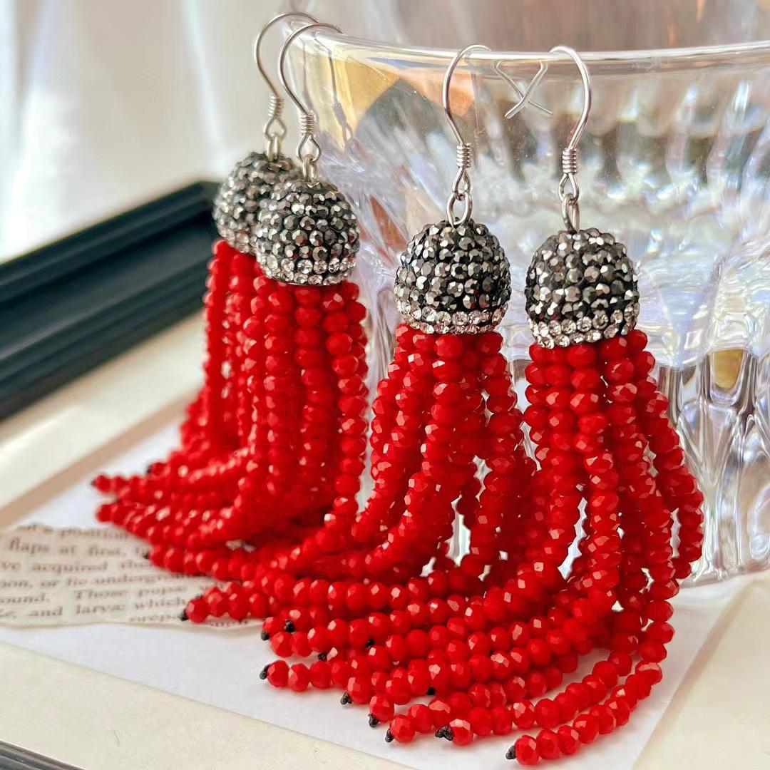 

925 Silver Vintage High Quality New Year S Red Dove Blood Red Faux Ruby Tassel Earrings