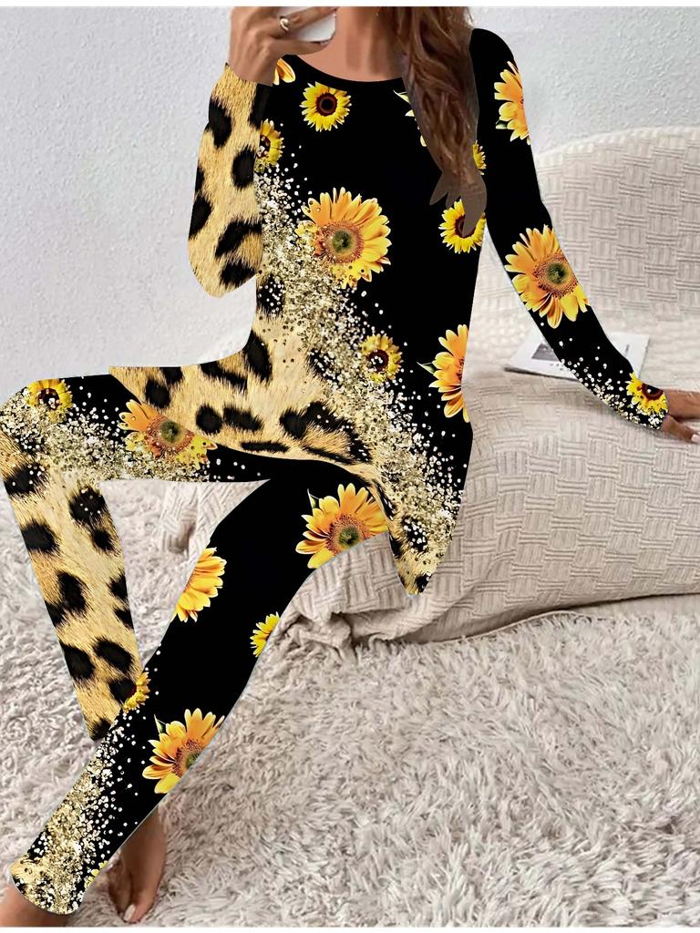 Euroamerikanische Mode 3D-Blumendruck Damen Vier-Jahreszeiten Langarm-T-Shirt + Lange Hose Zweiteiliges Set. Perfektes Geschenk für Neujahr & Weihnachten