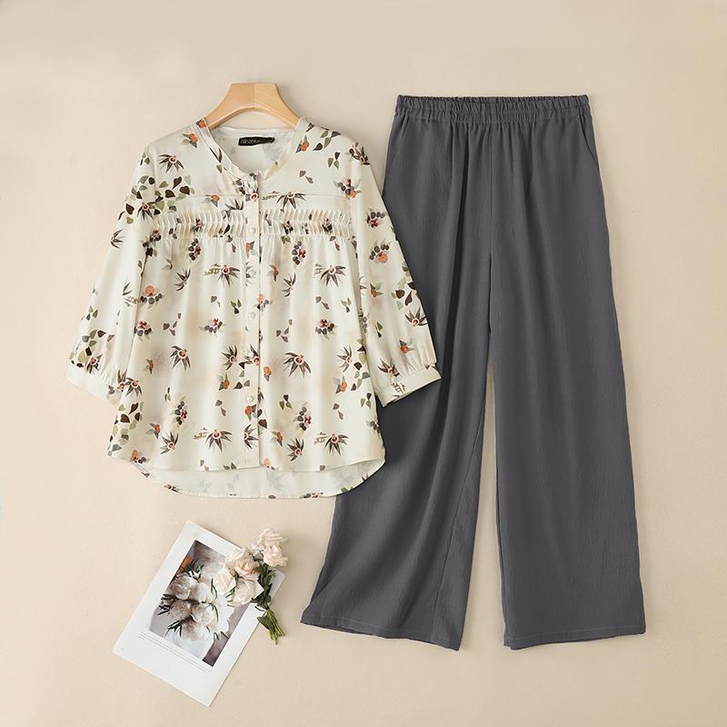 

ZANZEA Женская блузка с цветочным принтом и брюки, повседневные костюмы-двойки 2XL абрикосовый