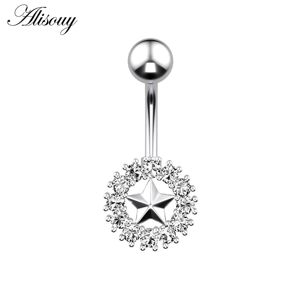 Alisouy 1pc Surgical Steel Crystal Zircon Star Butterfly Moon Stones Dangle Button Navel Piercing Ring Belly Ring Body Jewelry